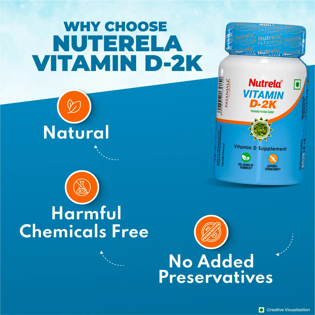 Patanjali Nutrela Vitamin D2K- 60 Chewable Tablets for Men & Women - Vanilla Flavor (Pack of 1)
