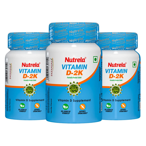Patanjali Nutrela Vitamin D2K- 60 X 3 Chewable Tablets for Men & Women - Vanilla Flavor (Pack of 3)