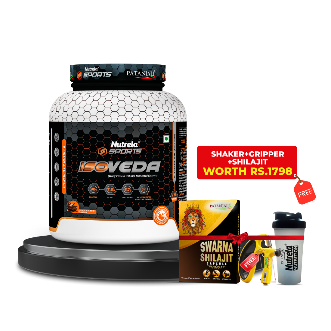 Patanjali Nutrela Sports 100% Isoveda Protein Chocolate 2KG + FREE Swarna Bhasma Shilajit  + Hand Gripper + Shaker