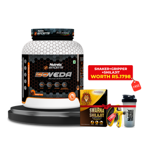 Patanjali Nutrela Sports 100% Isoveda Protein Chocolate 2KG + FREE Swarna Bhasma Shilajit  + Hand Gripper + Shaker