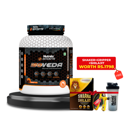 Patanjali Nutrela Sports 100% Isoveda Protein Chocolate 2KG + FREE Swarna Bhasma Shilajit  + Hand Gripper + Shaker