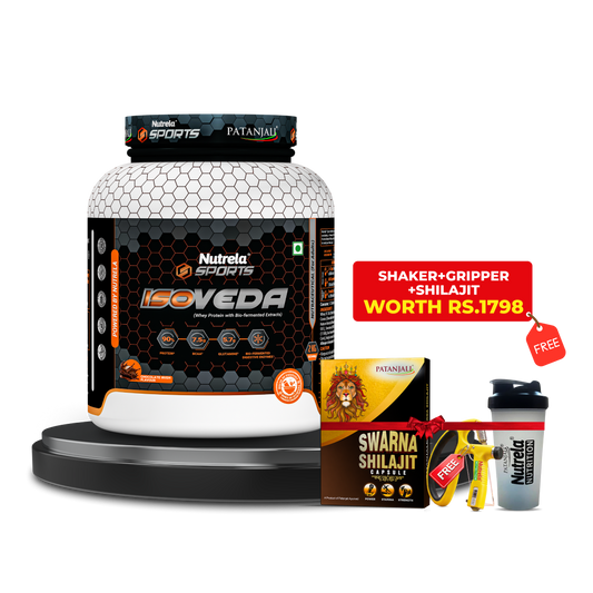 Patanjali Nutrela Sports 100% Isoveda Protein Chocolate 2KG + FREE Swarna Bhasma Shilajit  + Hand Gripper + Shaker