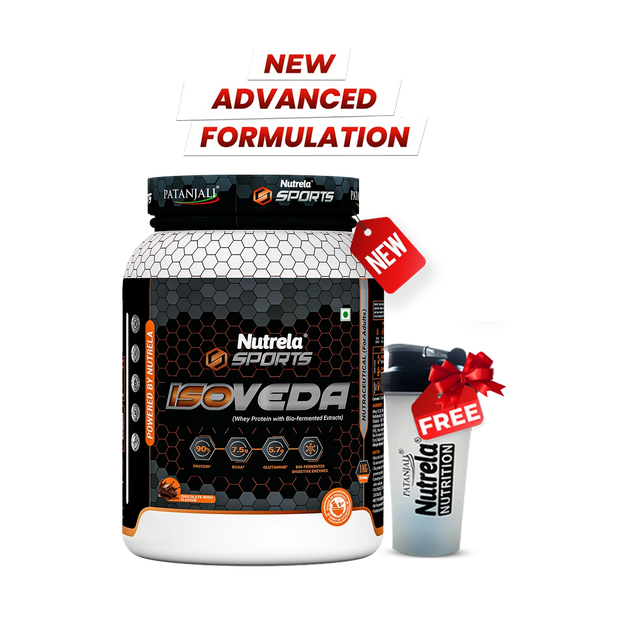 Patanjali Nutrela Sports Isoveda – Chocolate Irish (1KG) | 27G Pure Whey Isolate for Muscle Recovery & Strength | Swadeshi Nutrition + Free Shaker