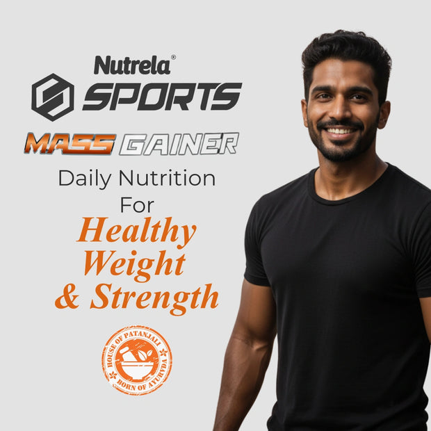 Patanjali Nutrela Sports Mass Gainer – Vanilla (2KG) | Easy-to-Mix High-Calorie Swadeshi Muscle & Weight Gain Formula | Free Shaker