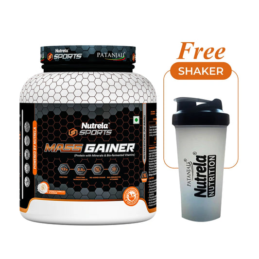 Patanjali Nutrela Sports Mass Gainer – Vanilla (2KG) | Easy-to-Mix High-Calorie Swadeshi Muscle & Weight Gain Formula + Free Shaker