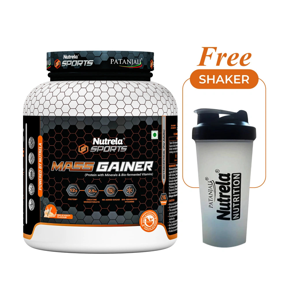 Patanjali Nutrela Sports Mass Gainer – Kulfi (2KG) | Swadeshi High-Calorie Muscle Building Formula |  Includes Free Shaker