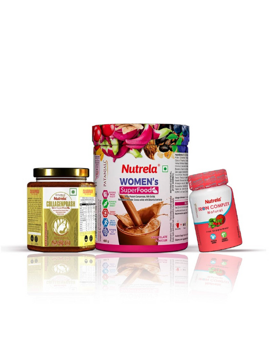 Patanjali Nutrela Collagenprash + Women’s SuperFood + Iron Complex | Skin Repair & Complete Nutrition Combo