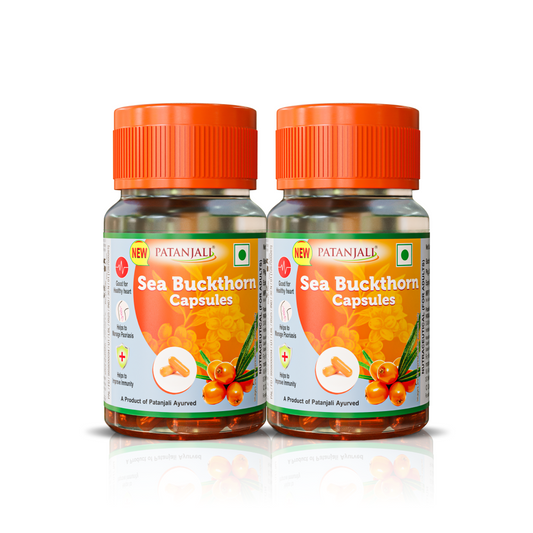 Patanjali Sea Buckthorn Oil Capsules Pack of 2 (60 Softgels) | Antioxidant & Omega 3,6,7,9 Supplement | 1 Month Supply