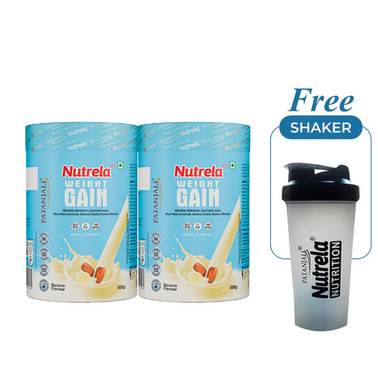 Patanjali Nutrela Banana Weight Gainer 1 kg | High-Calorie Ayurvedic Mass Gainer | Swadeshi Strength Formula (Pack of 2) + Free Shaker