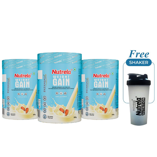 Patanjali Nutrela Banana Weight Gainer 1.5 kg | High-Calorie Ayurvedic Nutrition Weight Gain & Muscle Build | Proudly Swadeshi (Pack of 3) + Free Shaker