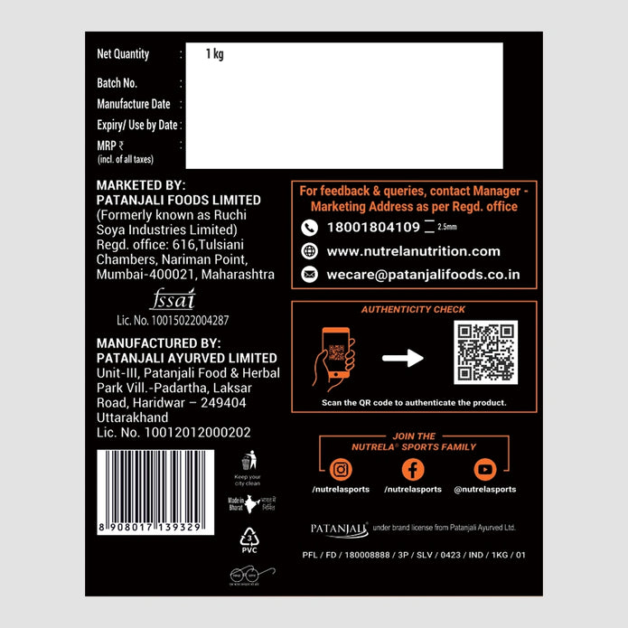 Patanjali Nutrela Sports Whey Performance 1KG – Kulfi Flavour | 24g Protein per Scoop | Enriched with BCAAs & Glutamine for Muscle Recovery | Premium Swadeshi Nutrition Supplement