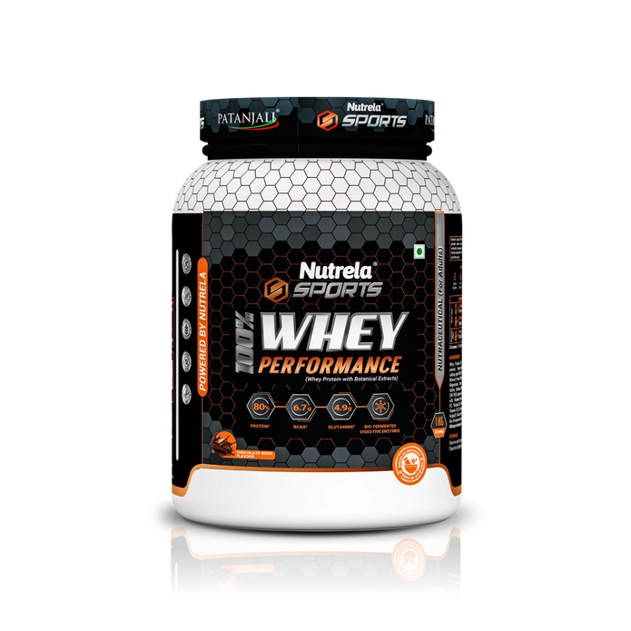 Patanjali Nutrela Sports 100% Whey Performance 1KG – Chocolate Irish Flavour | 24g Protein per Scoop | Premium Swadeshi Nutrition