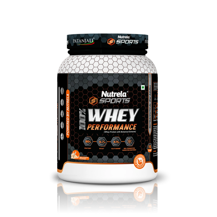 Patanjali Nutrela Sports Whey Performance 1KG – Kulfi Flavour | 24g Protein per Scoop | Enriched with BCAAs & Glutamine for Muscle Recovery | Premium Swadeshi Nutrition Supplement