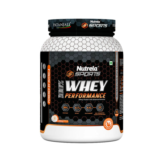 Patanjali Nutrela Sports Whey Performance 1KG – French Vanilla | 24g Protein per Scoop | Muscle Support Nutrition | Premium Swadeshi Protein Supplement