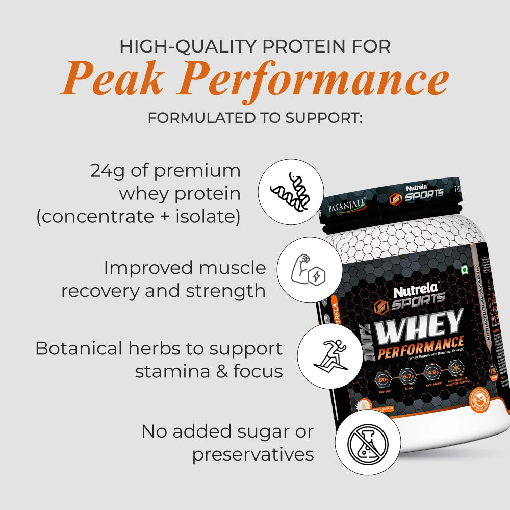 Patanjali Nutrela Sports Whey Performance 1KG – French Vanilla | 24g Protein per Scoop | Muscle Support Nutrition | Premium Swadeshi Protein Supplement