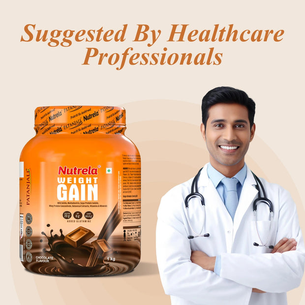 Patanjali Nutrela Chocolate Weight Gainer 1 kg | High-Calorie Ayurvedic Mass Builder + Free Shaker | Swadeshi Strength
