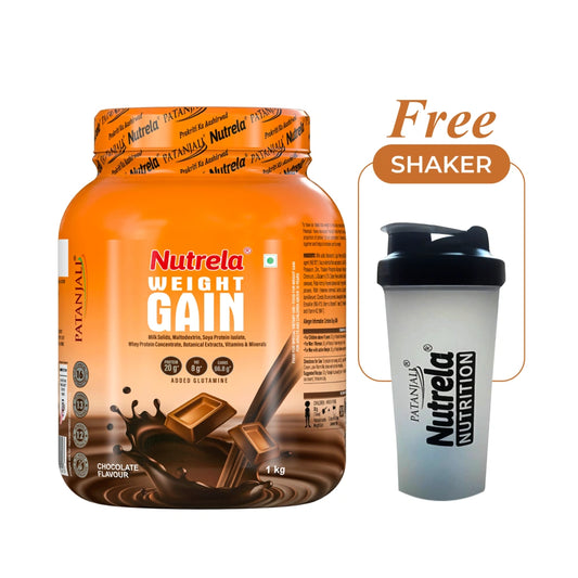 Patanjali Nutrela Chocolate Weight Gainer 1 kg | High-Calorie Ayurvedic Mass Builder + Free Shaker