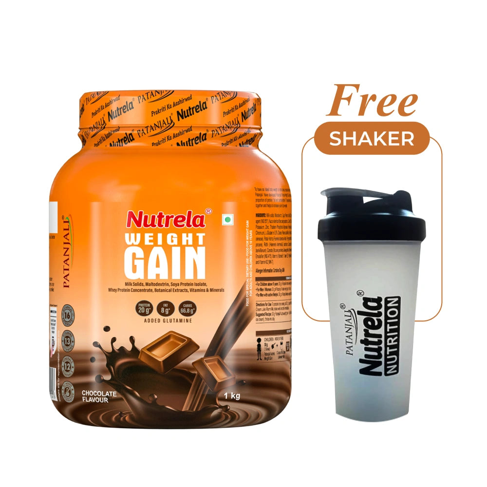 Patanjali Nutrela Chocolate Weight Gainer 1 kg | High-Calorie Ayurvedic Mass Builder + Free Shaker