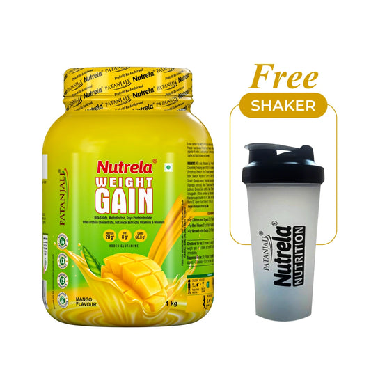 Patanjali Nutrela Mango Weight Gainer 1 kg | Ayurvedic High-Calorie Supplement | Swadeshi Strength + Free Shaker