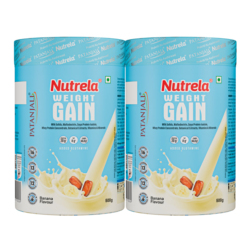 Patanjali Nutrela Banana Weight Gainer 1 kg | High-Calorie Ayurvedic Mass Gainer | Swadeshi Strength Formula (Pack of 2)