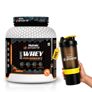Patanjali Nutrela Sports Whey Performance 2KG – Chocolate Flavour | 24g Protein per Scoop | Swadeshi Daily Performance Protein + Free Shaker