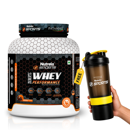 Patanjali Nutrela Sports Whey Performance 2KG – Chocolate Flavour | 24g Protein per Scoop | Swadeshi Daily Performance Protein + Free Shaker