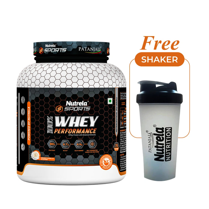 Patanjali Nutrela Sports Whey Vanilla - 2KG | 24g Protein per Scoop with Vitamins, Herbs & BCAAs | Includes Free Shaker | Premium Swadeshi Muscle Fuel