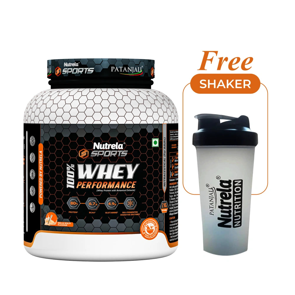 Patanjali Nutrela Sports Whey Performance 2KG – Kulfi Flavour | 24g Muscle-Support Protein per Scoop | Includes Free Shaker | Premium Swadeshi Flavoured Nutrition