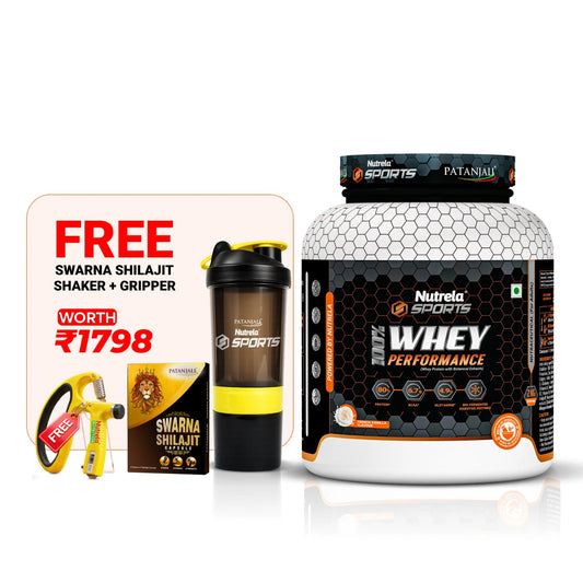 Patanjali Nutrela Sports 100% Whey Protein Chocolate 2KG + FREE Swarna Bhasma Shilajit + (Hand Gripper + Shaker)