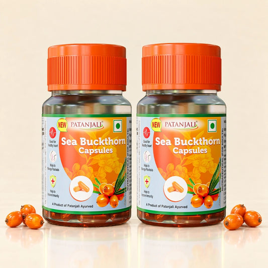 Patanjali Sea Buckthorn Oil Capsules Pack of 2 (60 Softgels) | Antioxidant & Omega 3,6,7,9 Supplement | 1 Month Supply