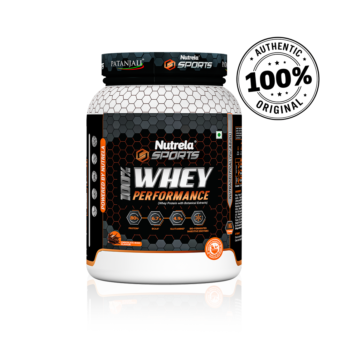 Patanjali Nutrela Sports 100% Whey Performance 1KG – Chocolate Irish Flavour | 24g Protein per Scoop | Premium Swadeshi Nutrition