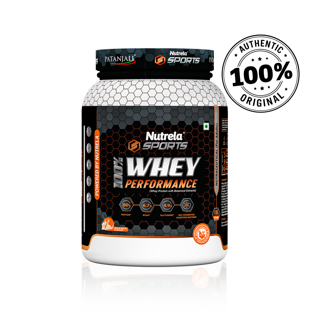 Patanjali Nutrela Sports Whey Performance 1KG – Kulfi Flavour | 24g Protein per Scoop | Enriched with BCAAs & Glutamine for Muscle Recovery | Premium Swadeshi Nutrition Supplement
