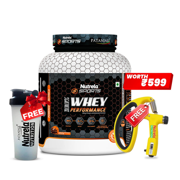 Patanjali Nutrela Sports Whey Performance 2KG – Chocolate Flavour | 24g Protein per Scoop | Swadeshi Daily Performance Protein + Free Shaker