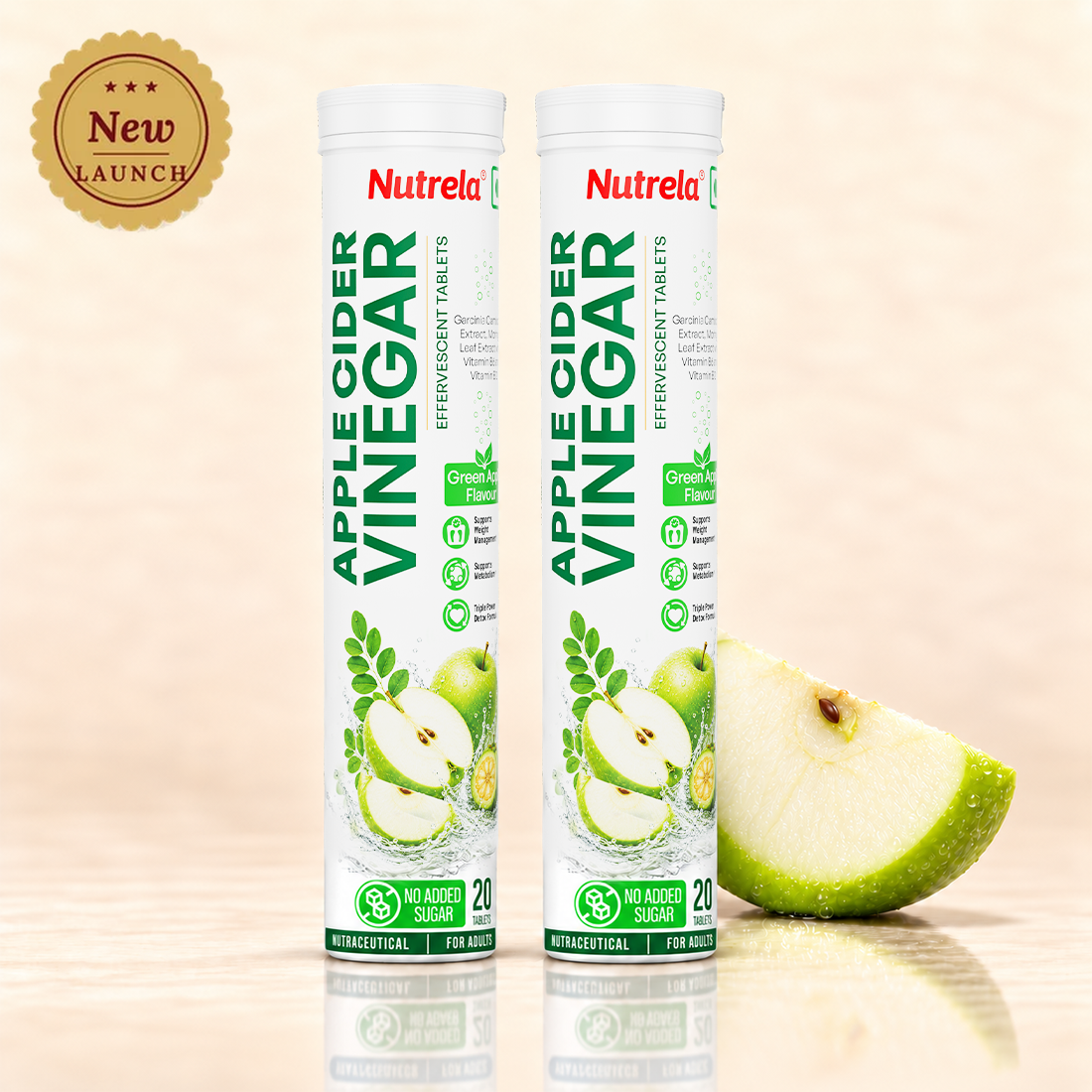 Patanjali Nutrela Apple Cider Vinegar Effervescent Tablets | Green Apple Flavour with Moringa, Garcinia & Vitamins B6 + B12 | No Added Sugar | 20 Tablets (80 g) Pack of 2