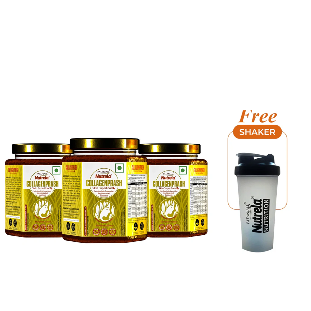 Patanjali New Thick Collagen Prash | Skin Repair and Elasticity Focused Blend | 100% Veg & Natural Skin Nutrition | 400g x 3 (Pack of 3) + Free Shaker