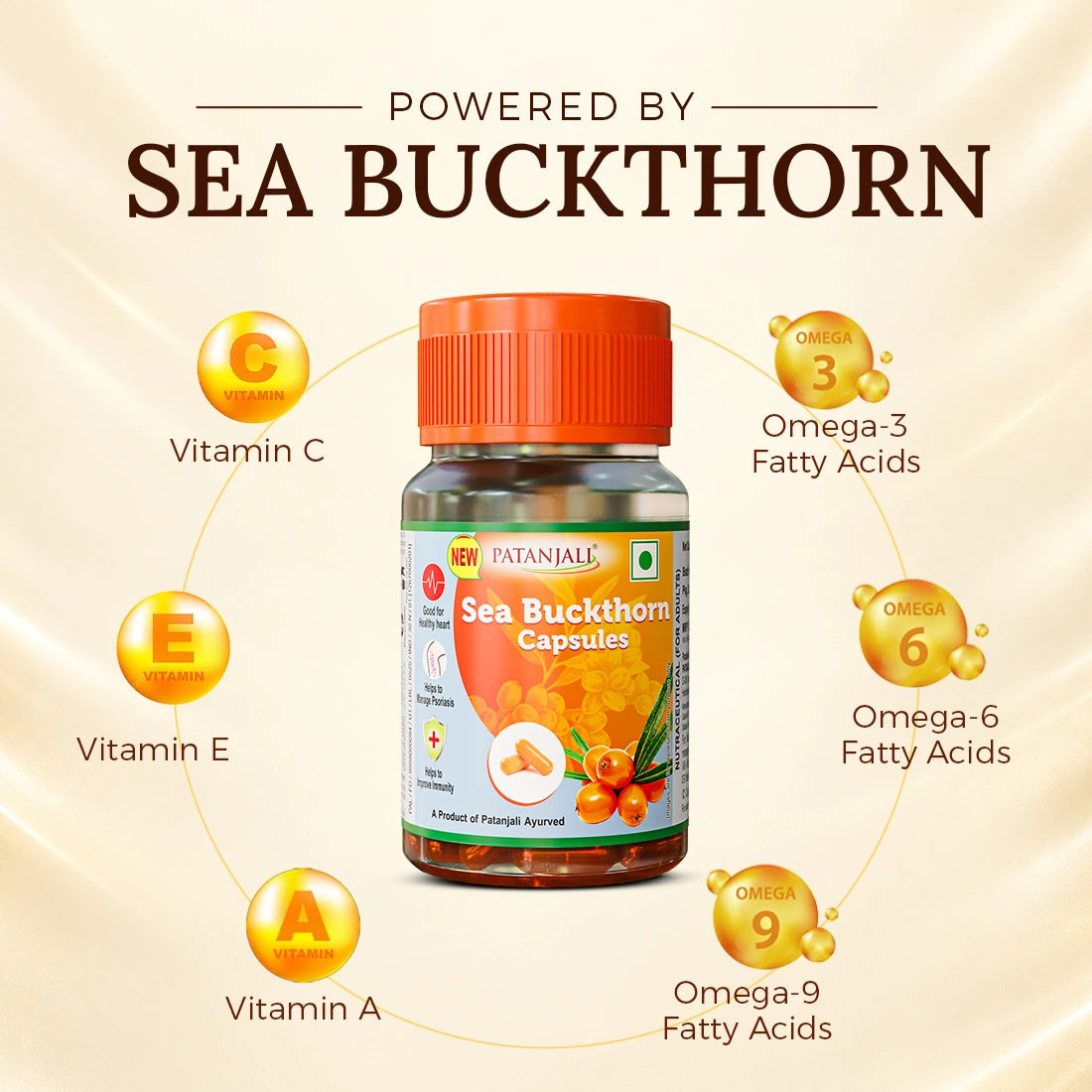 Patanjali Sea Buckthorn Oil Capsules Pack of 1 (30 Softgels) | Rich in Rare Omega 7 | For Glowing Skin & Immunity | 15 Days Supply
