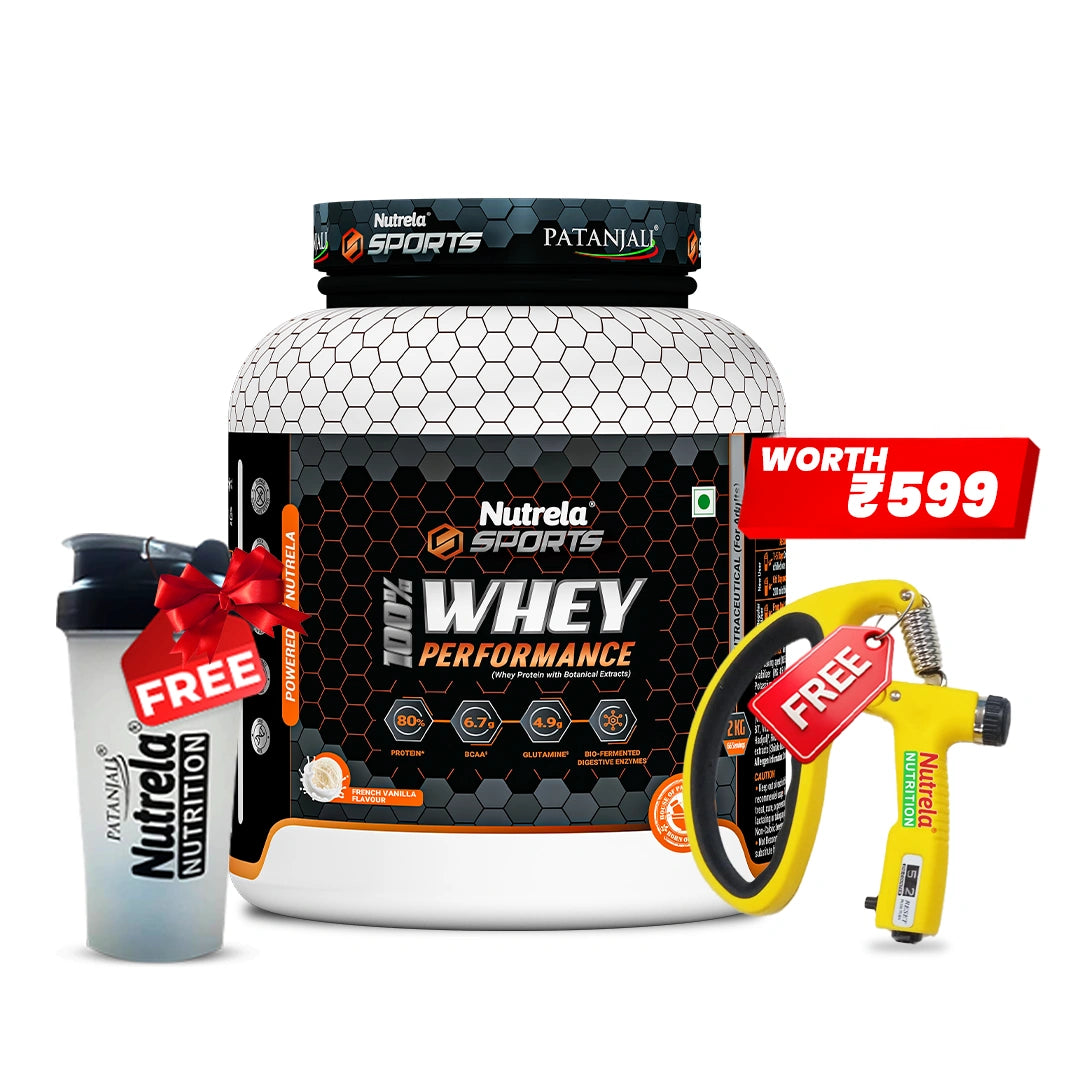 Patanjali Nutrela Sports Whey Vanilla - 2KG | 24g Protein per Scoop with Vitamins, Herbs & BCAAs | Premium Swadeshi Muscle Fuel + Free Shaker